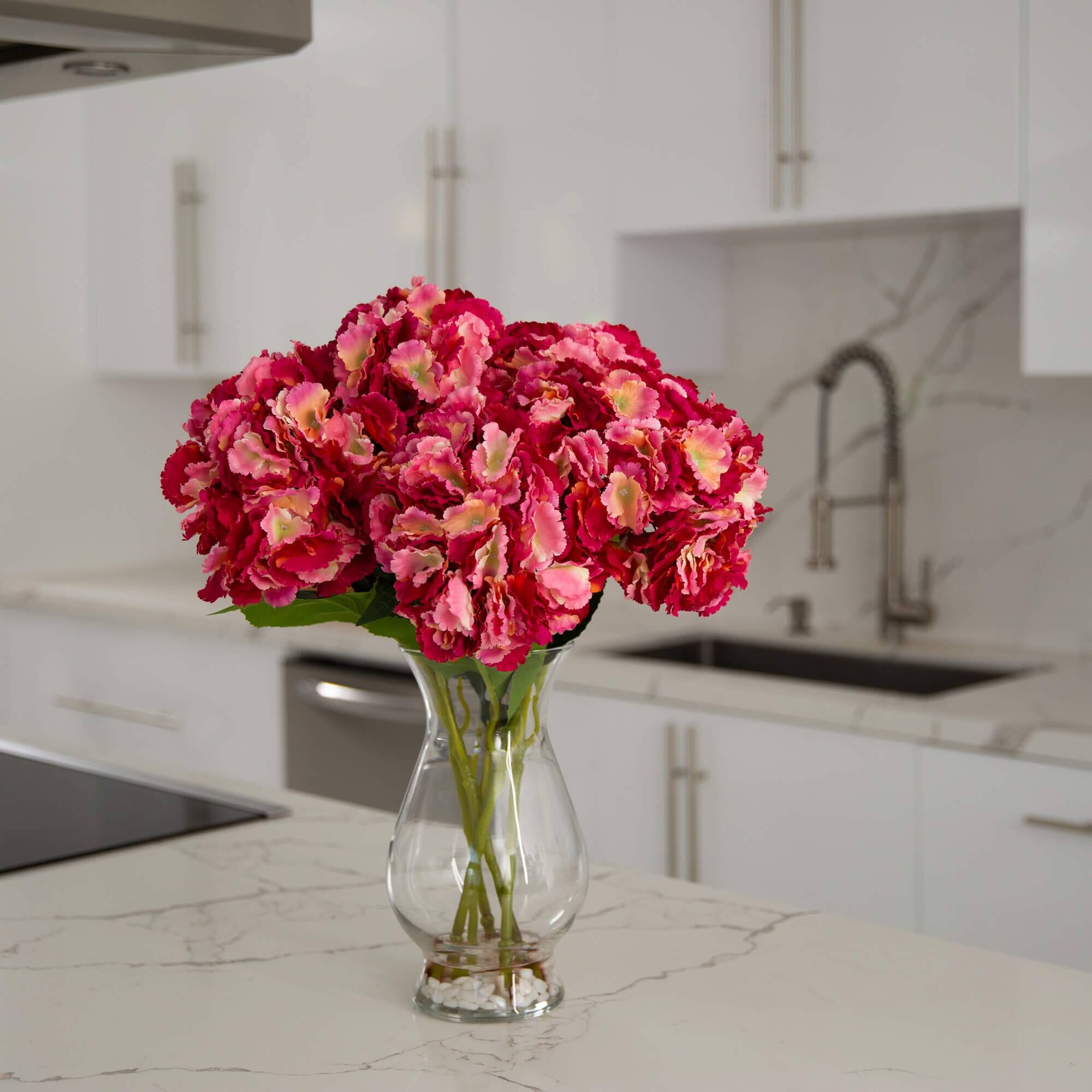 20" Pink Artificial Hydrangea Arrangement in Glass Vase